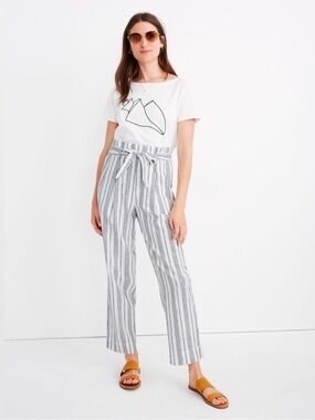 Madewell White & Gray Striped Tie-Waist Paperbag Pants